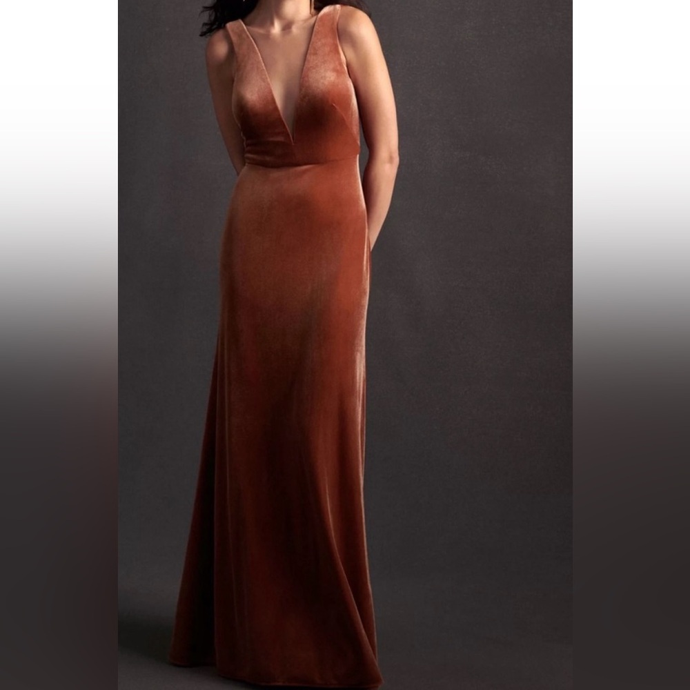 Jenny Yoo Logan Plunge Neck Velvet Illusion Sleeveless Maxi Dress, English Rose